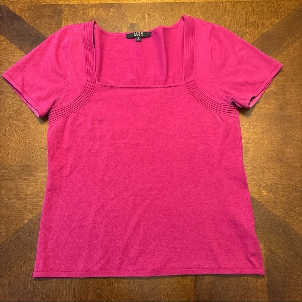 Alex Marie Womens Hot Pink Knit Square Neck Short Sleeve Silk Blend Shirt L
